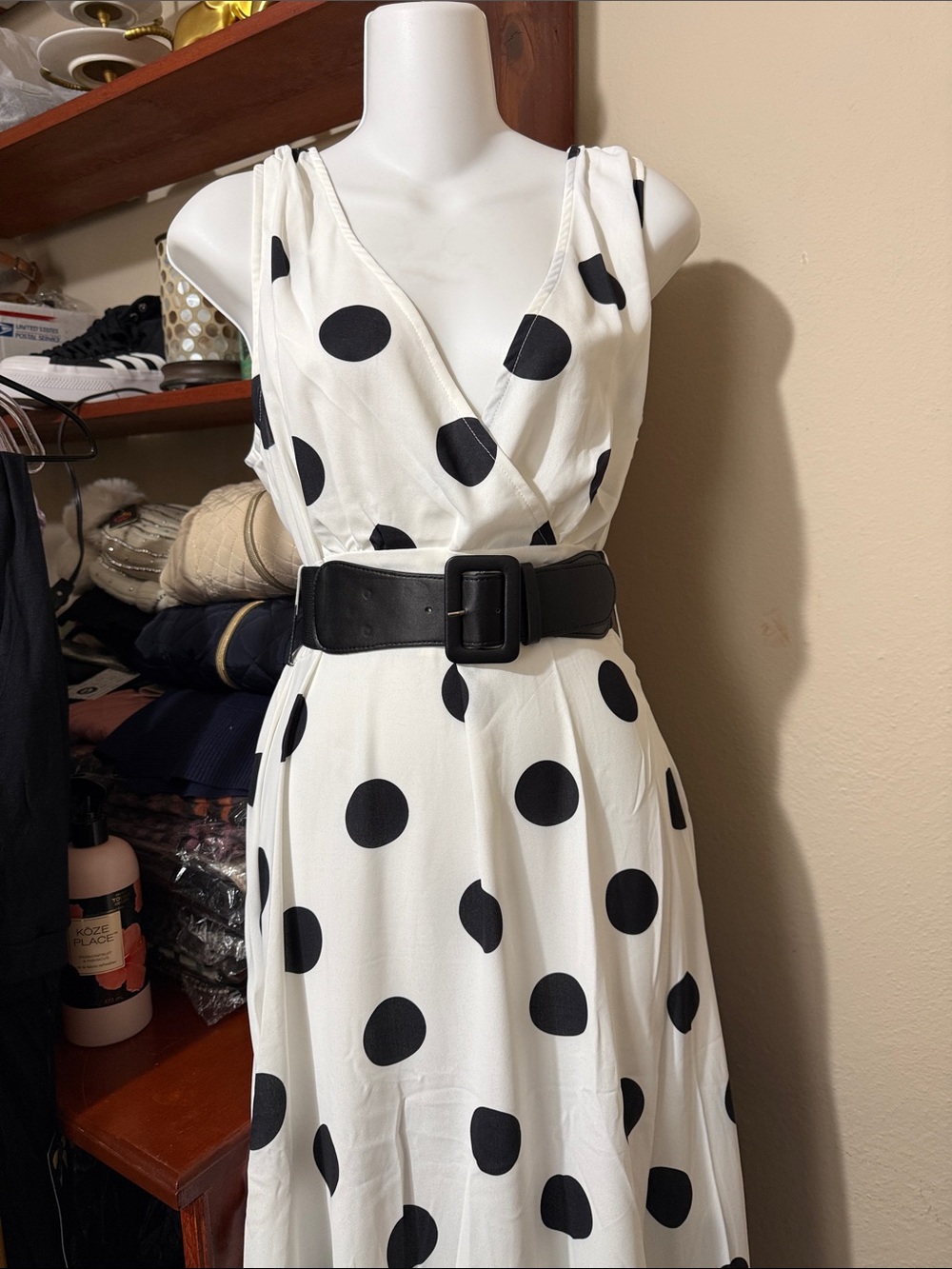 Sleeveless White Midi Dress with Black Polka Dots and Belt.